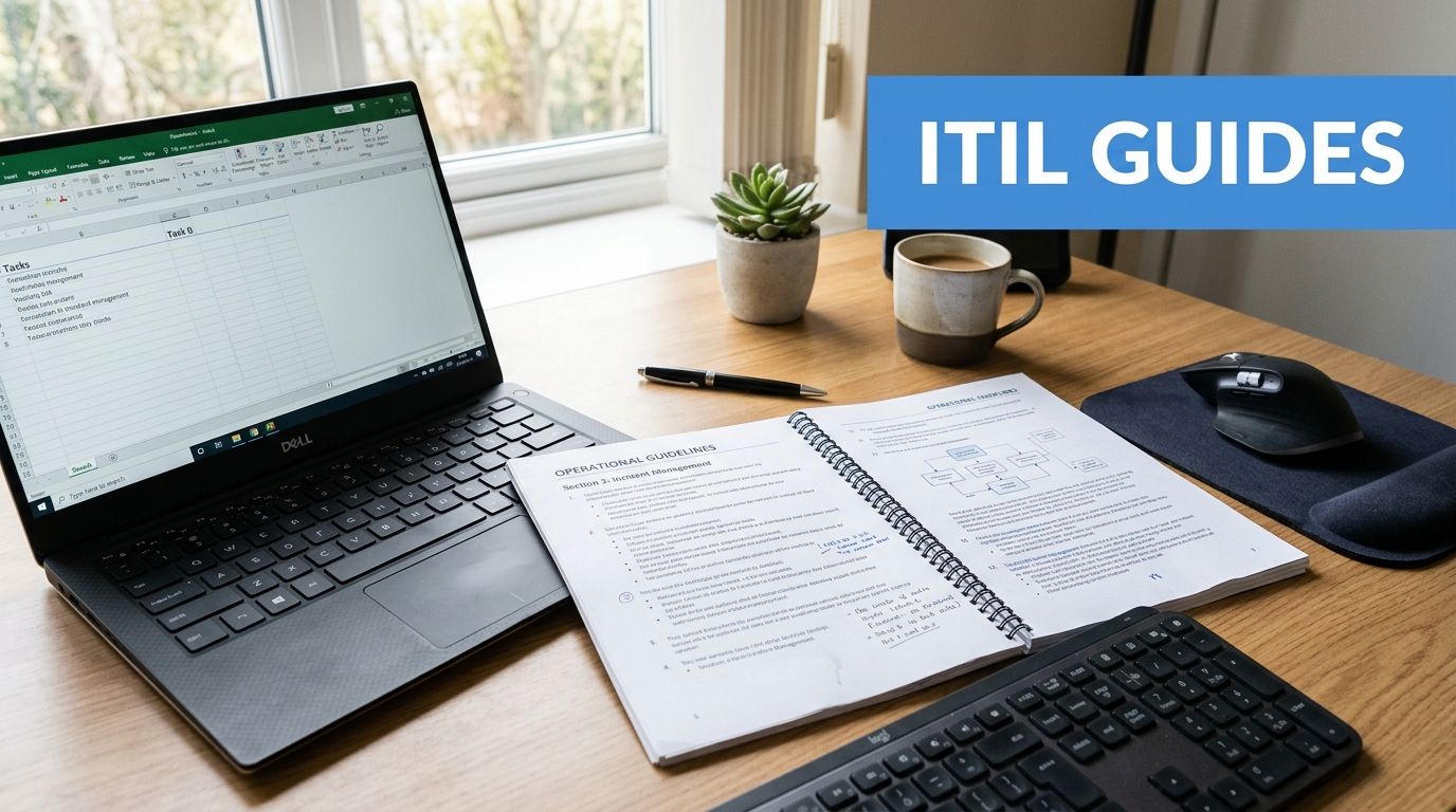 A modern workspace with a laptop, spiral notebook, coffee mug, and keyboard for ITIL study.