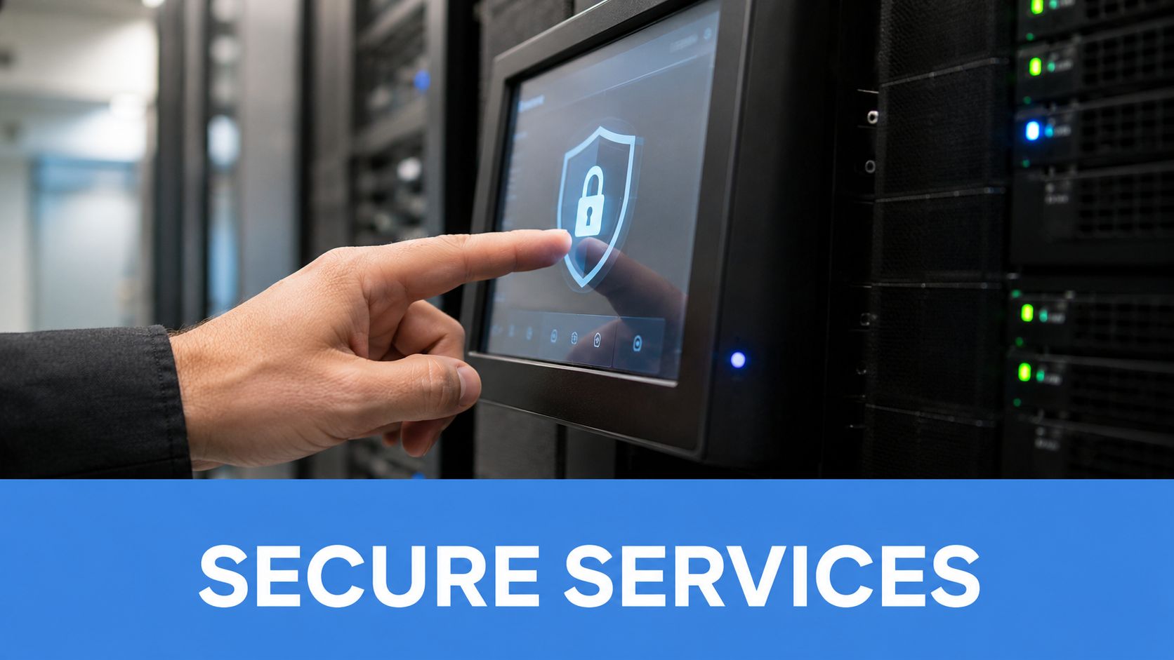 A professional hand interacts with a touchscreen displaying a shield icon on a server rack system.