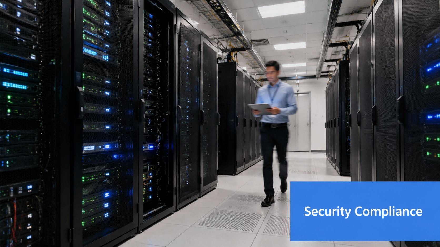 A professional technician walks through a modern data center aisle carrying a tablet device.