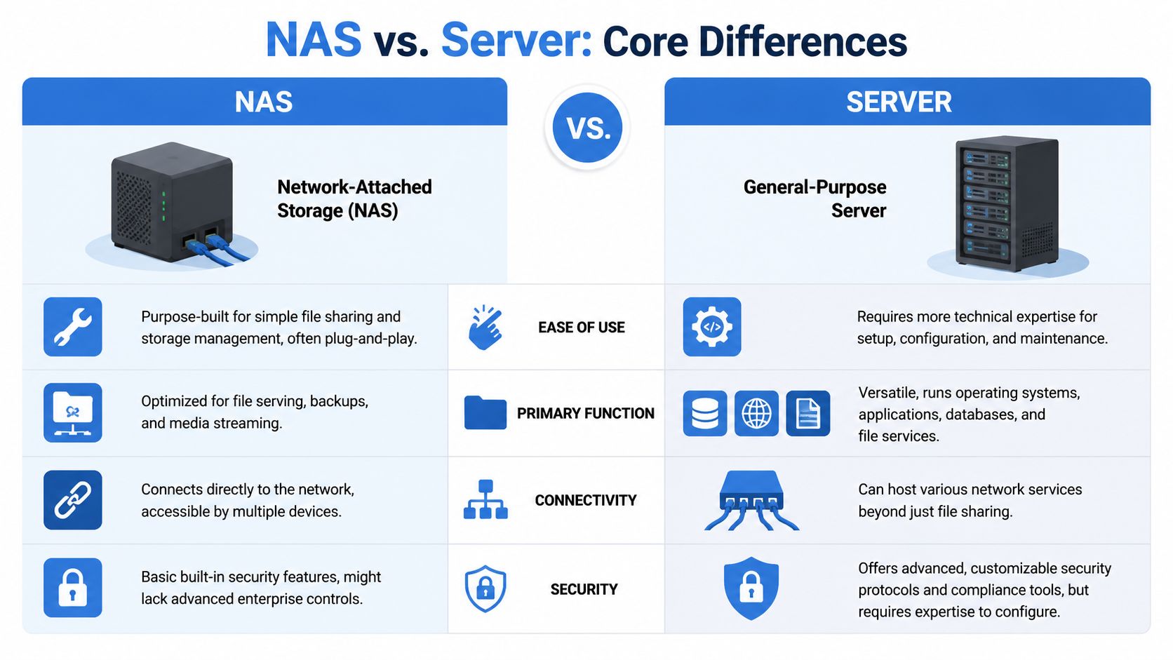 A comparison chart outlining the core differences between Network-Attached Storage (NAS) and a general-purpose server.
