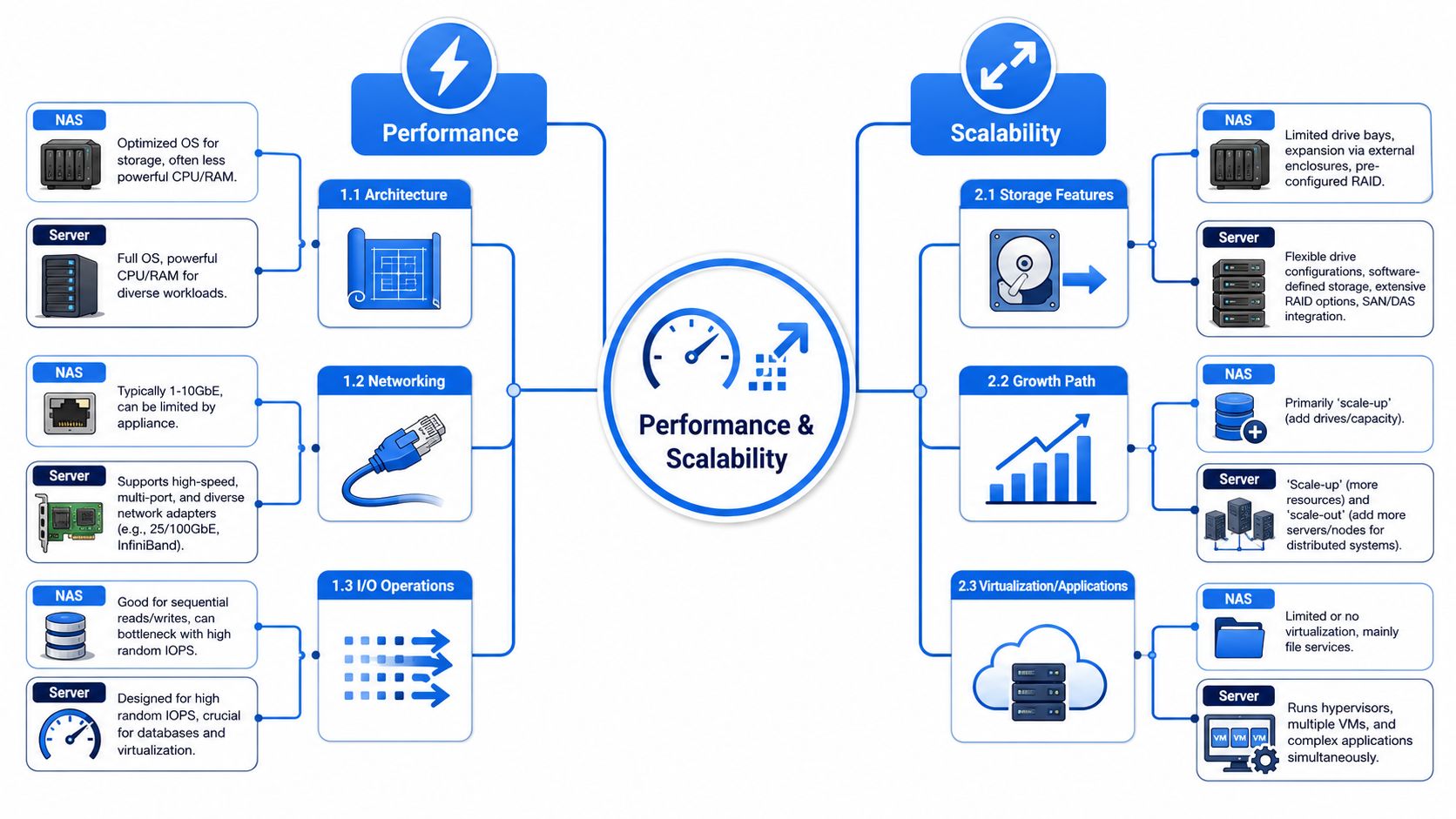 A comparison chart showing the differences between NAS and Server regarding performance and scalability features.