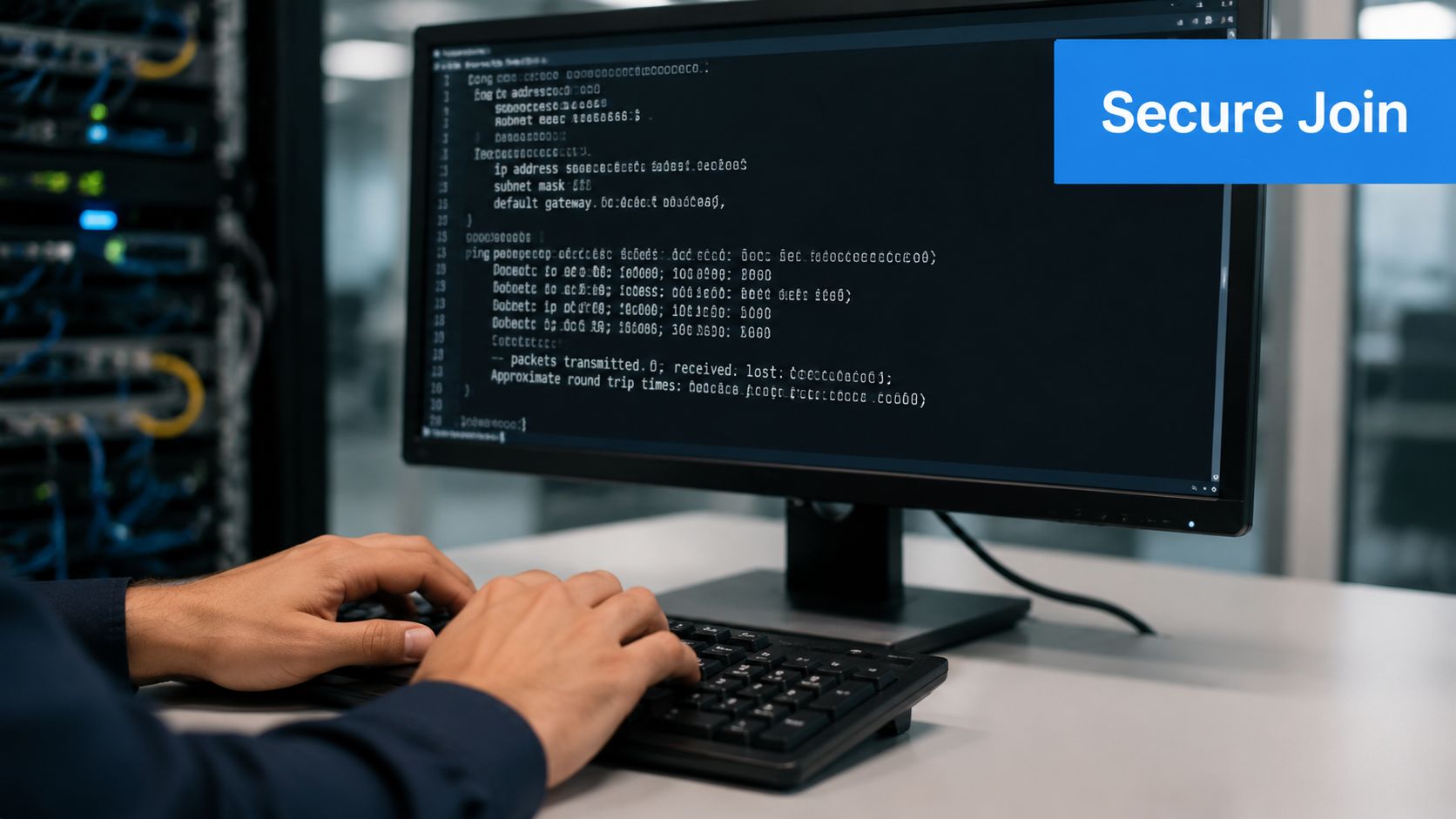 A professional IT technician typing commands on a keyboard in front of a server room computer monitor.