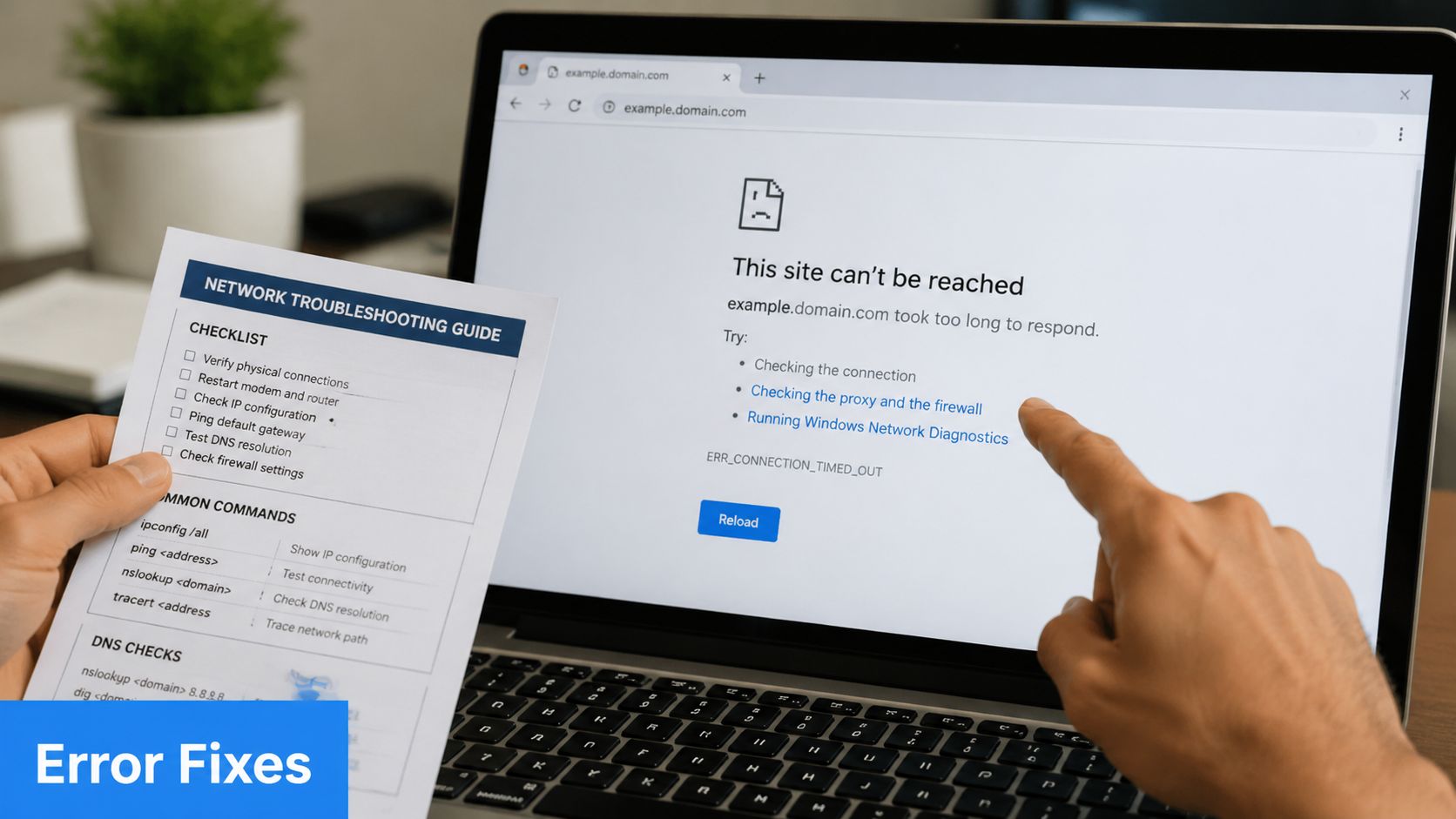 A person following a network troubleshooting guide to fix a web browser connection timed out error.