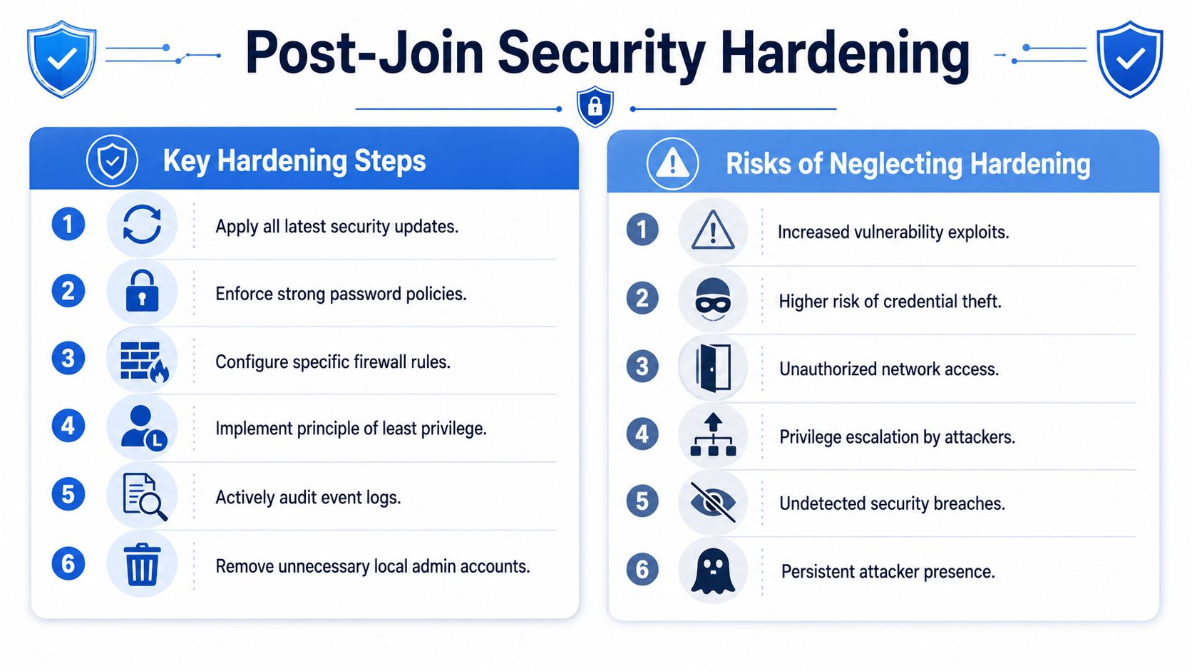 A professional infographic detailing key security hardening steps and the risks of neglecting them for systems.