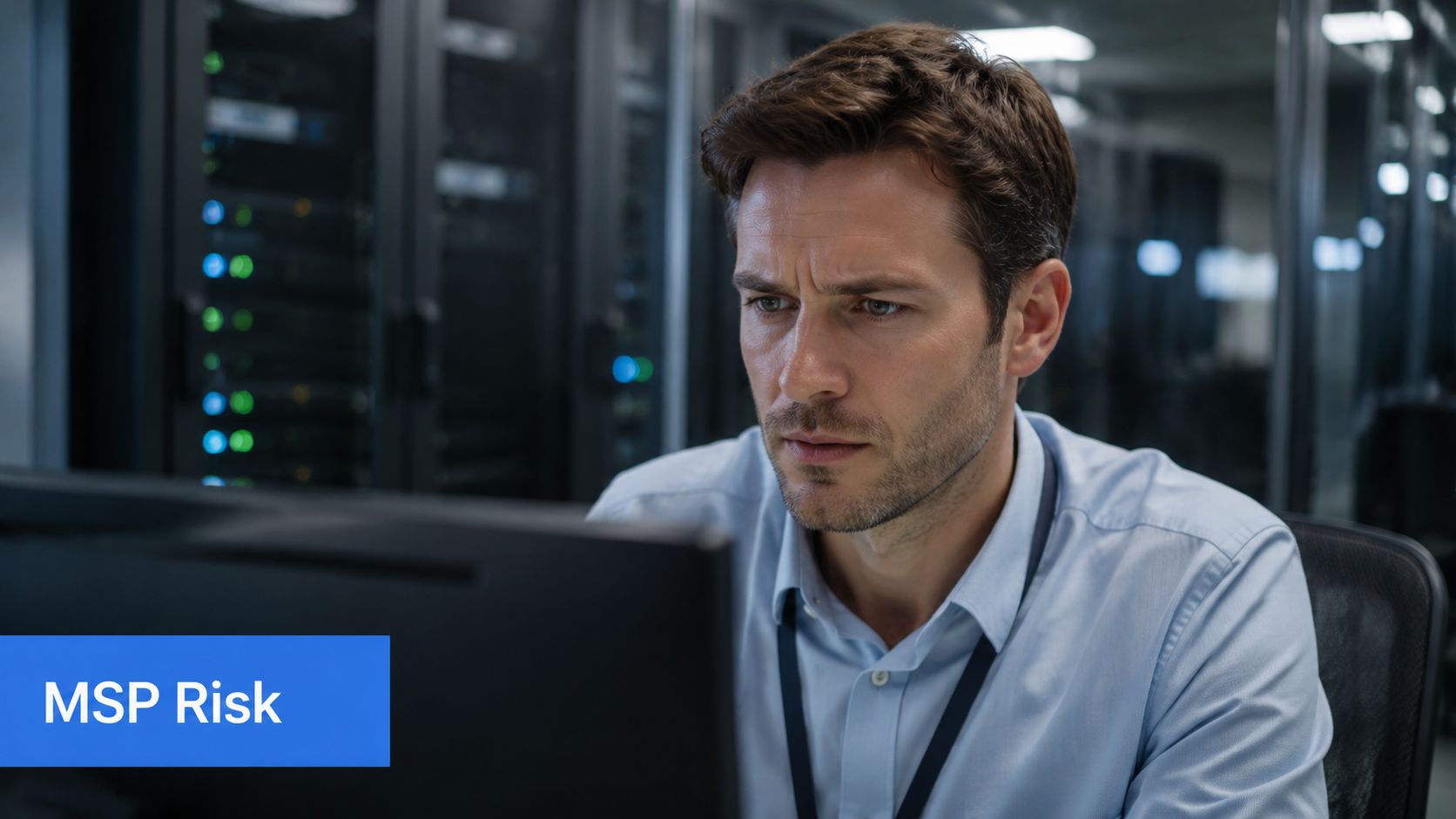 A professional IT specialist carefully monitors server data in a secure, high-tech computer server room environment.
