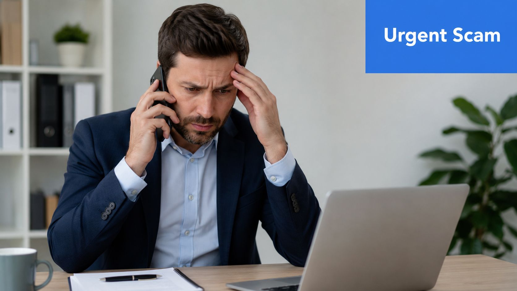 A concerned business man talking on the phone while looking at a laptop computer on his desk.