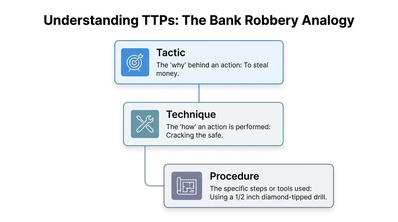 A diagram explaining TTPs using a bank robbery analogy of tactic, technique, and procedure steps.