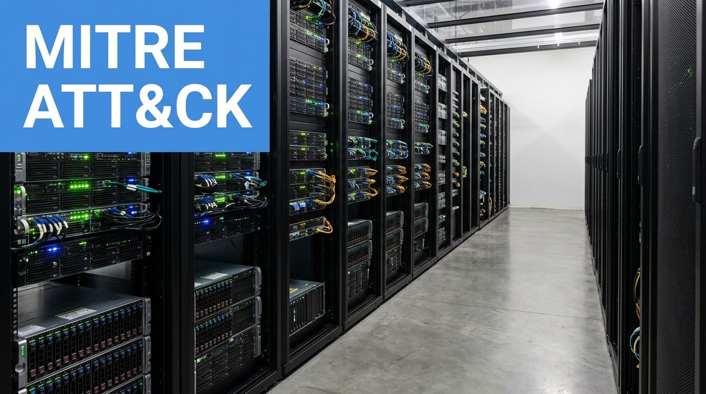 A data center server room with racks of equipment and a MITRE ATT&CK logo graphic overlay.