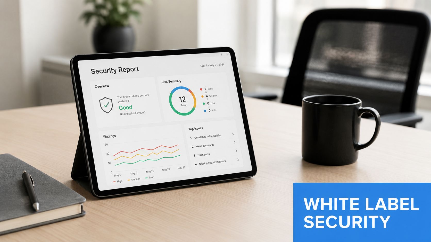 A digital tablet displaying a security dashboard report on a wooden desk with a coffee mug nearby.