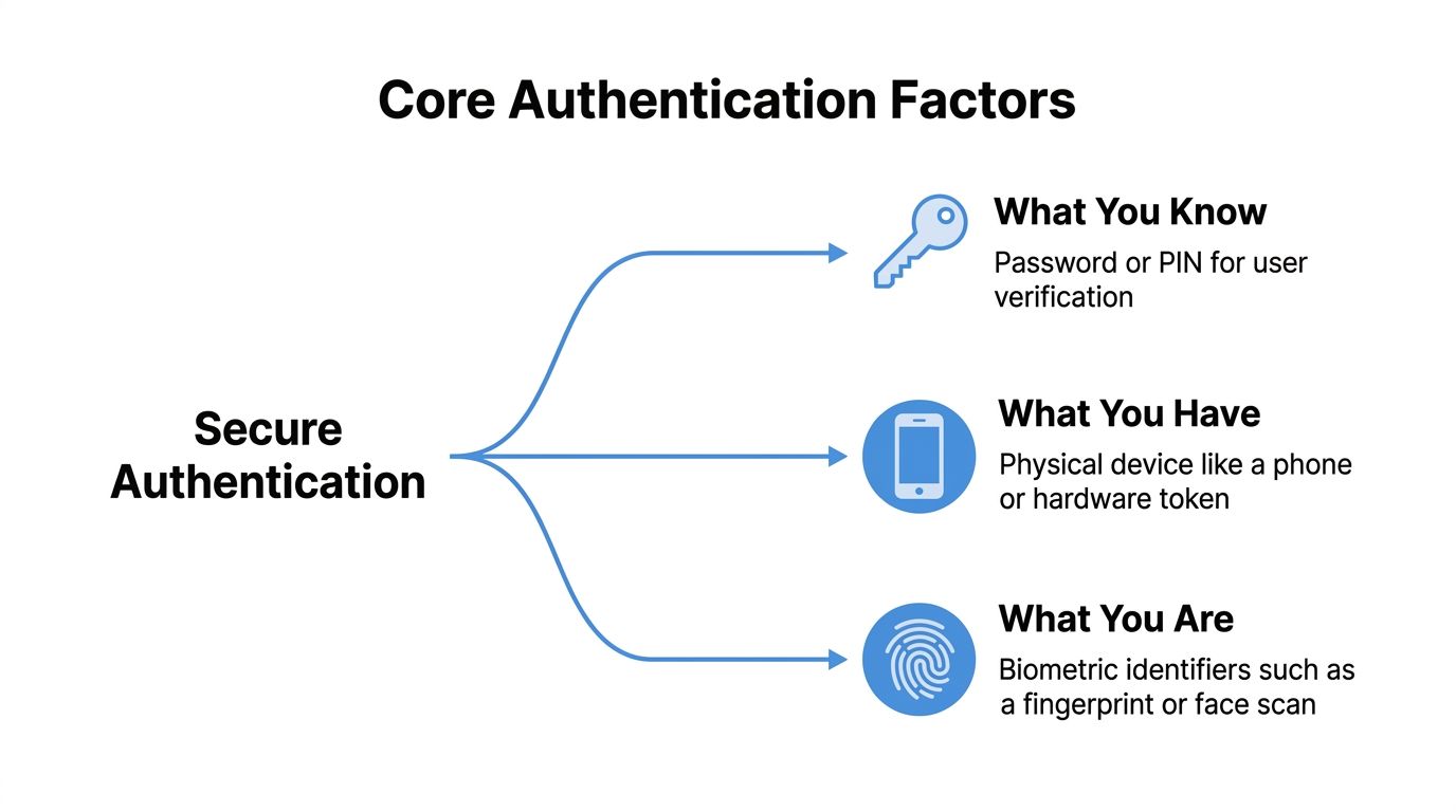A diagram illustrating the three core authentication factors: what you know, what you have, and what you are.