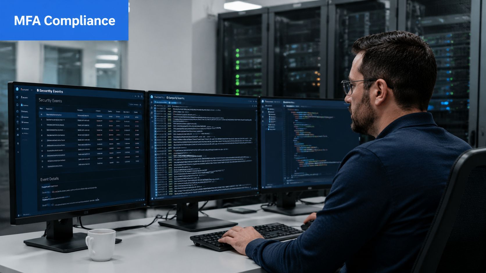 A cybersecurity professional monitoring server security and multi-factor authentication compliance on multiple computer screens in a data center.