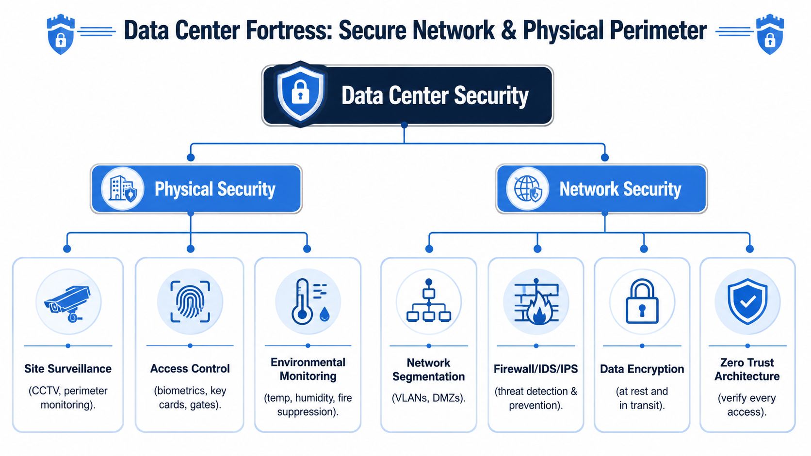 A diagram illustrating the components of data center security, divided into physical security and network security measures.