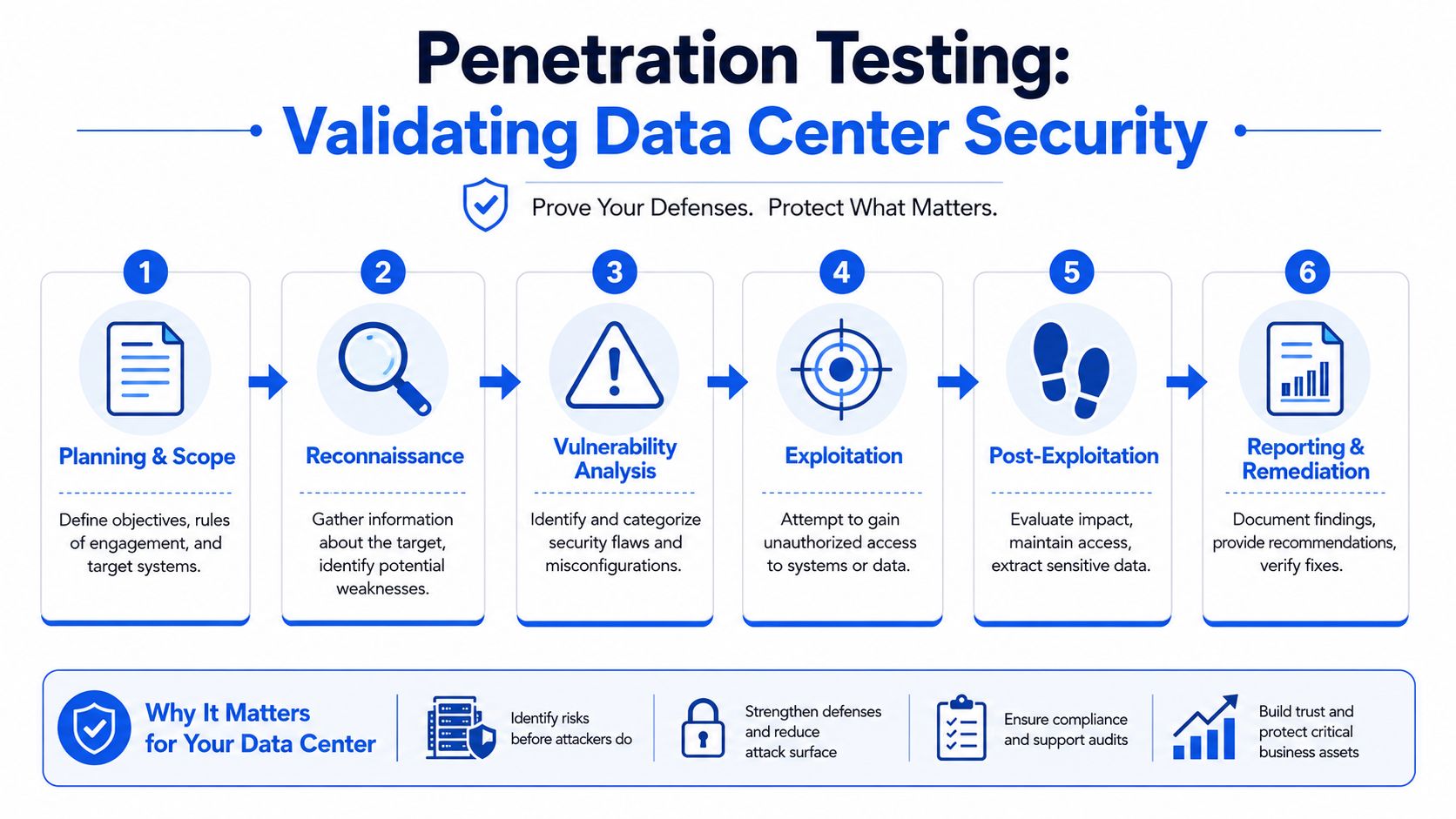 A six-step infographic illustrating the penetration testing process for validating data center security and protecting business assets.