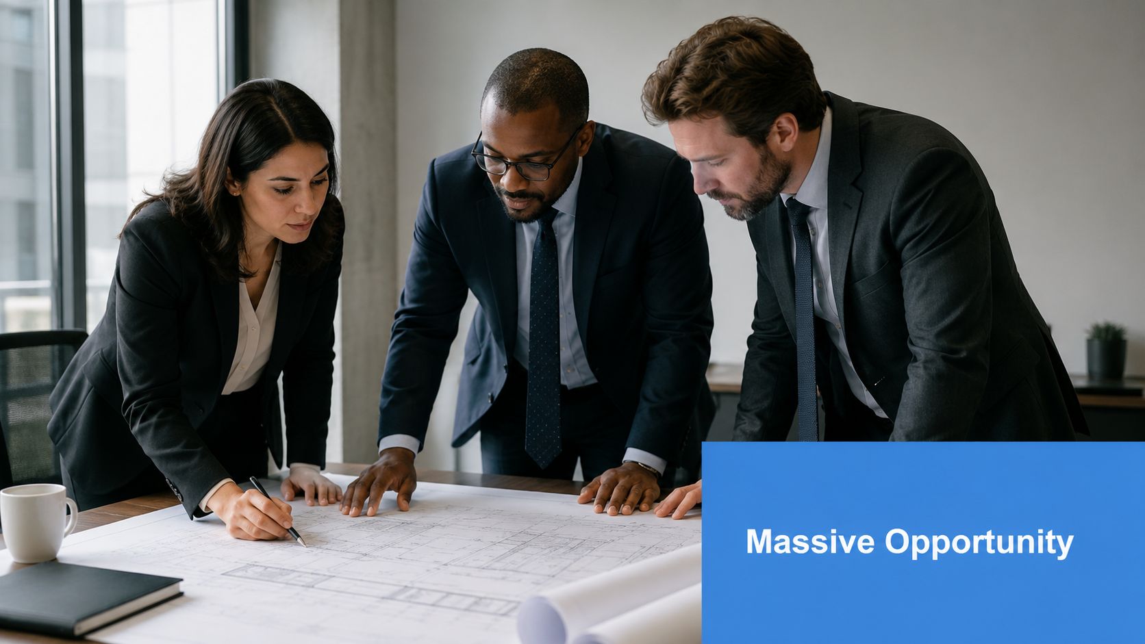 A professional team of business people reviewing blueprints for a building a data center project.