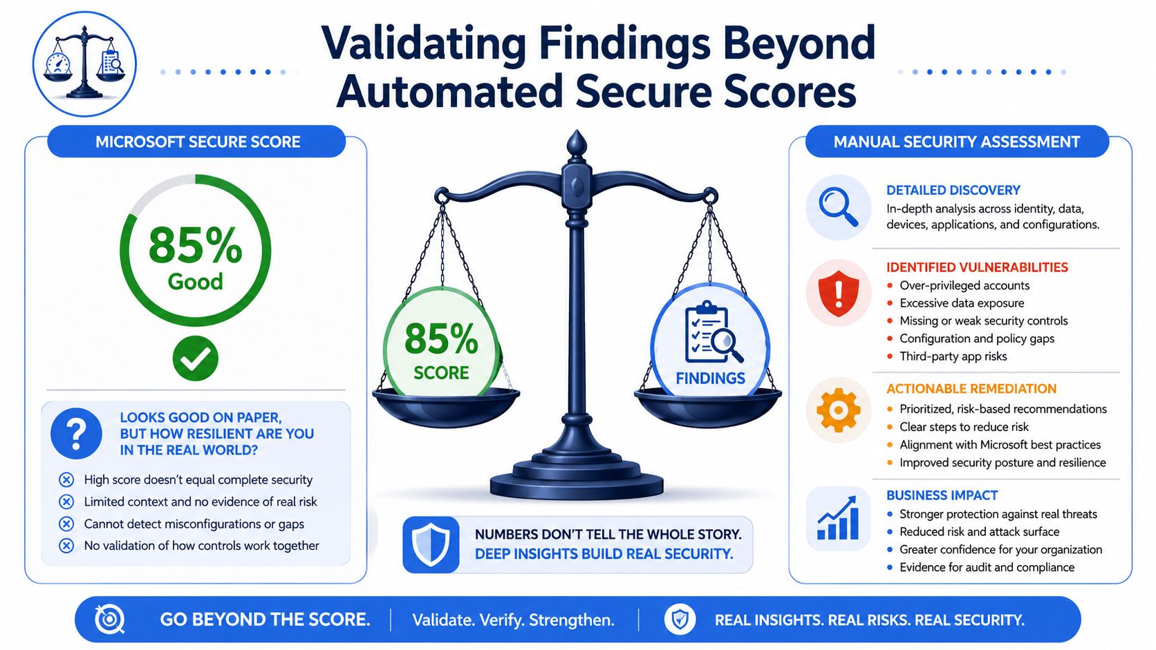 A diagram comparing Microsoft Secure Score metrics against a manual security assessment process for business cybersecurity.