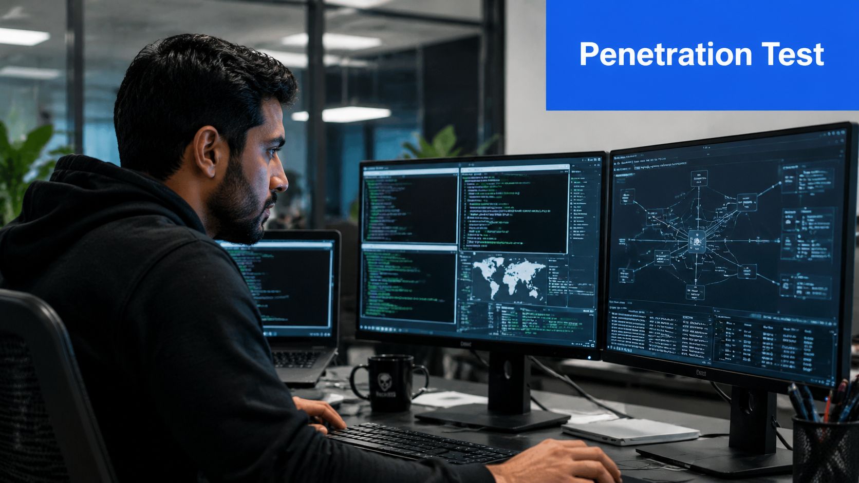 A professional cybersecurity analyst working on a penetration test in a modern office with multiple computer screens.