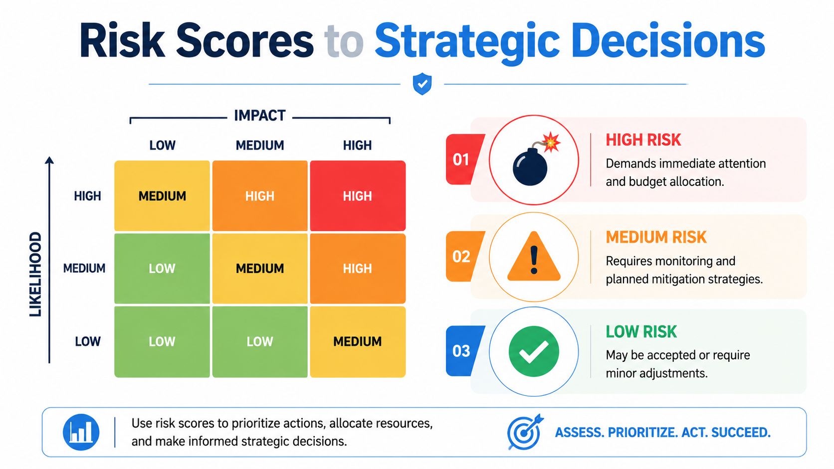 A 3x3 risk matrix diagram showing how likelihood and impact determine risk levels for strategic decision making.