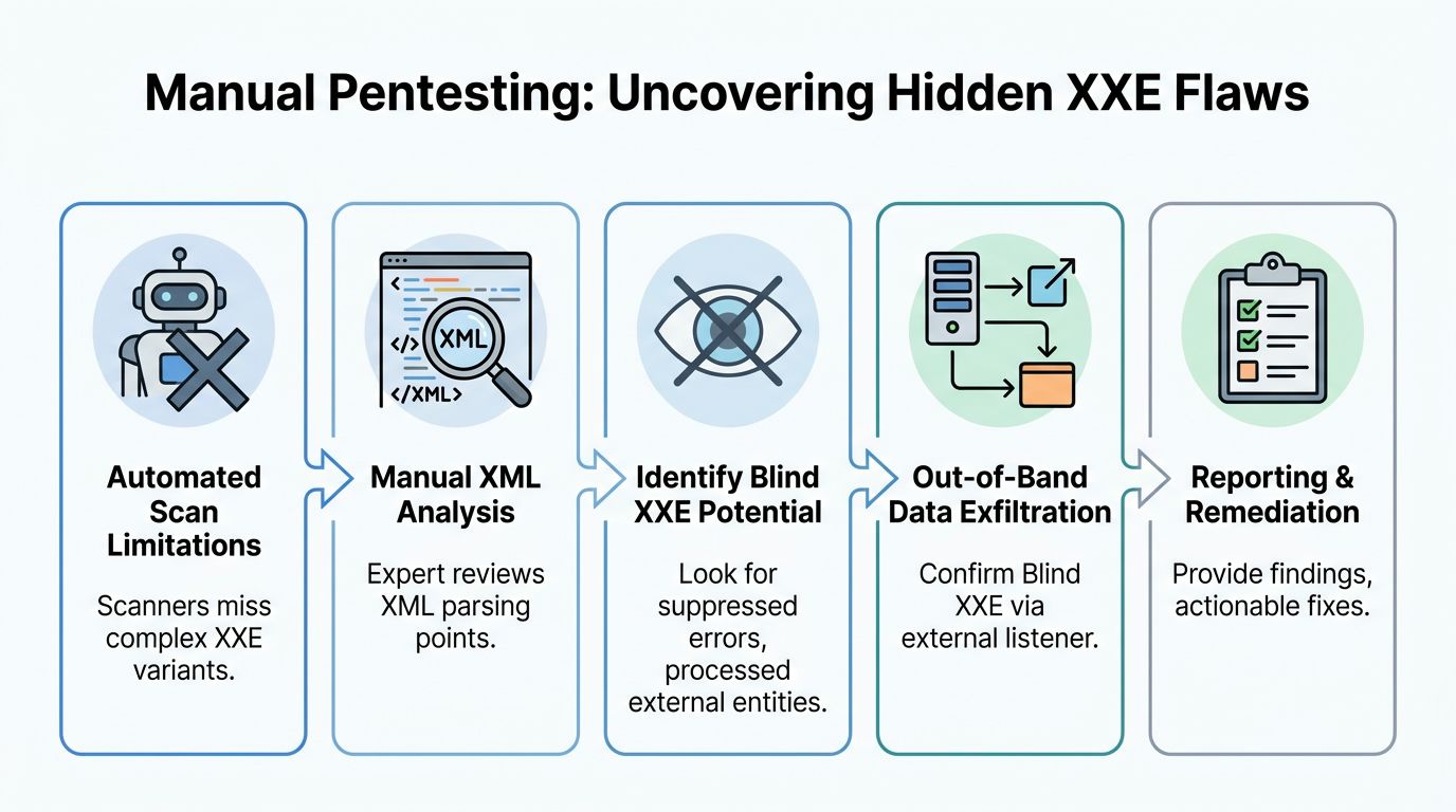 A flowchart showing the five steps of manual pentesting to uncover hidden XXE XML security flaws.