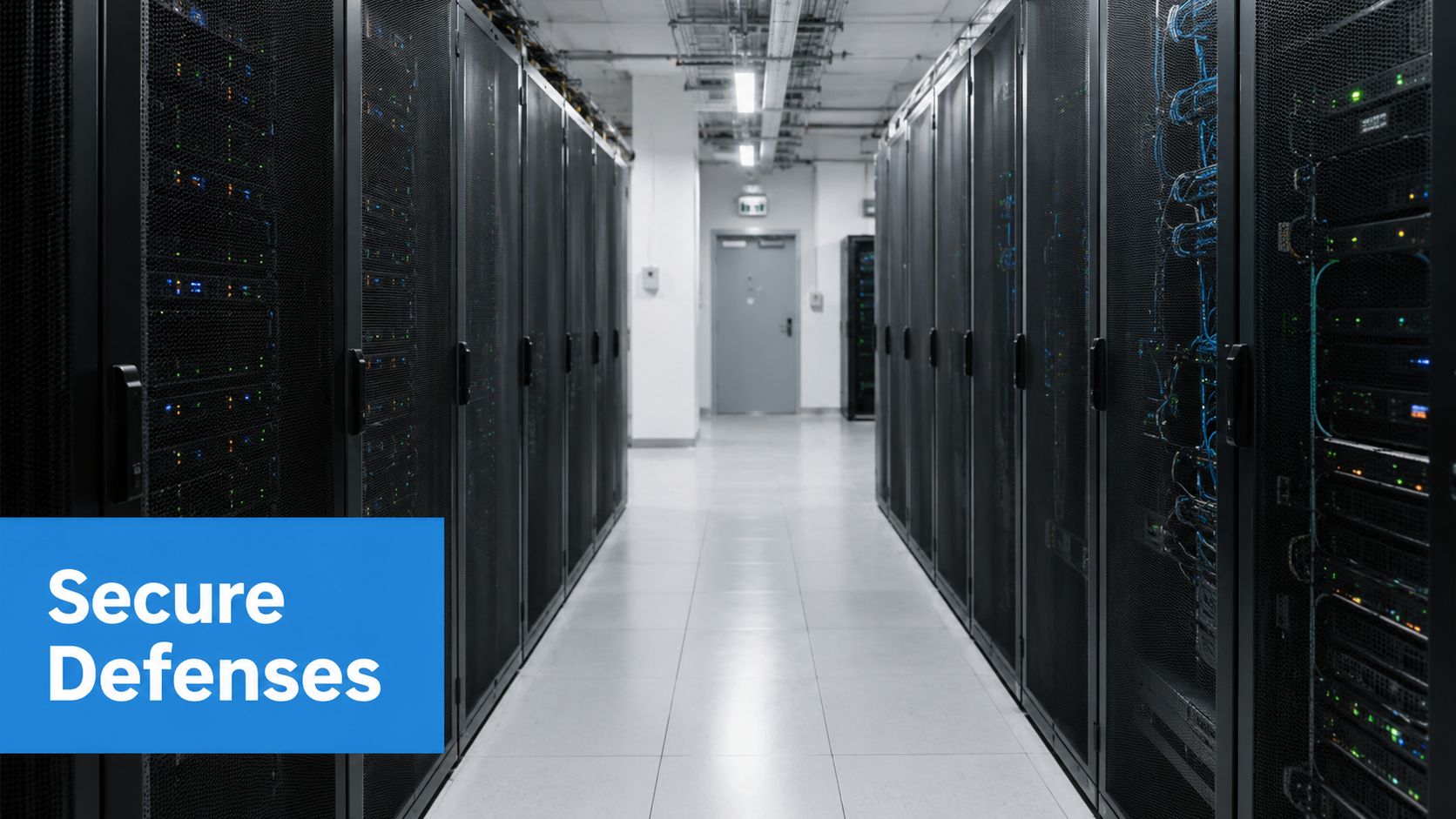 Rows of server racks in a modern data center aisle with a blue overlay containing text.