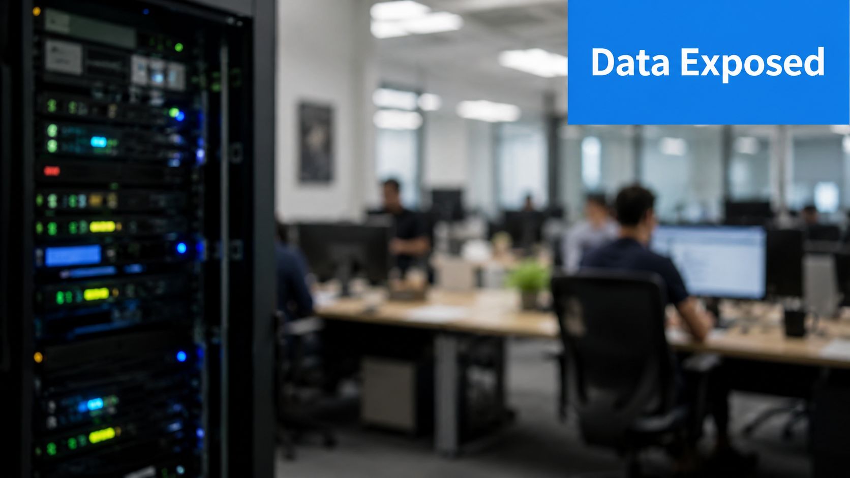 A server rack in a modern office with employees working in the blurred background.