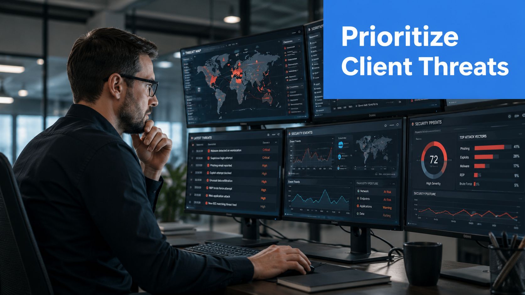 A cybersecurity professional monitoring global network security threats and data breaches on multiple computer screens in office.