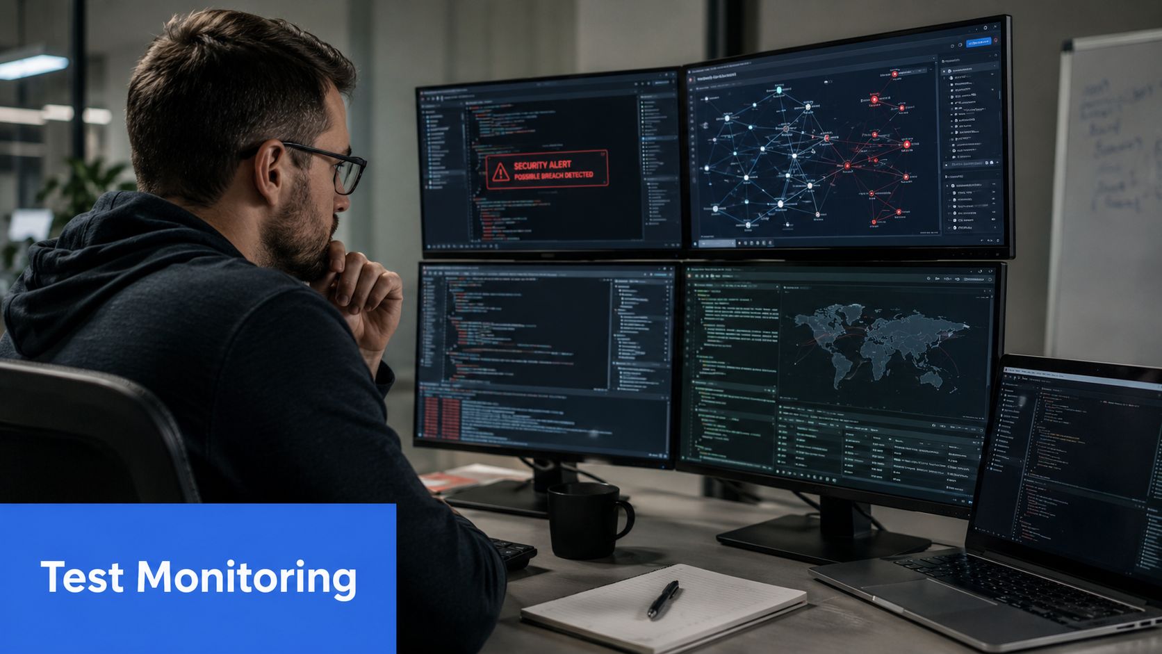 A cybersecurity professional monitoring complex network traffic and security alerts on multiple computer screens in an office.