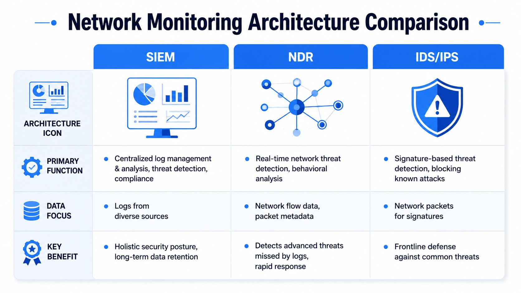 A comparison chart outlining the key differences between SIEM, NDR, and IDS/IPS network monitoring architectures.