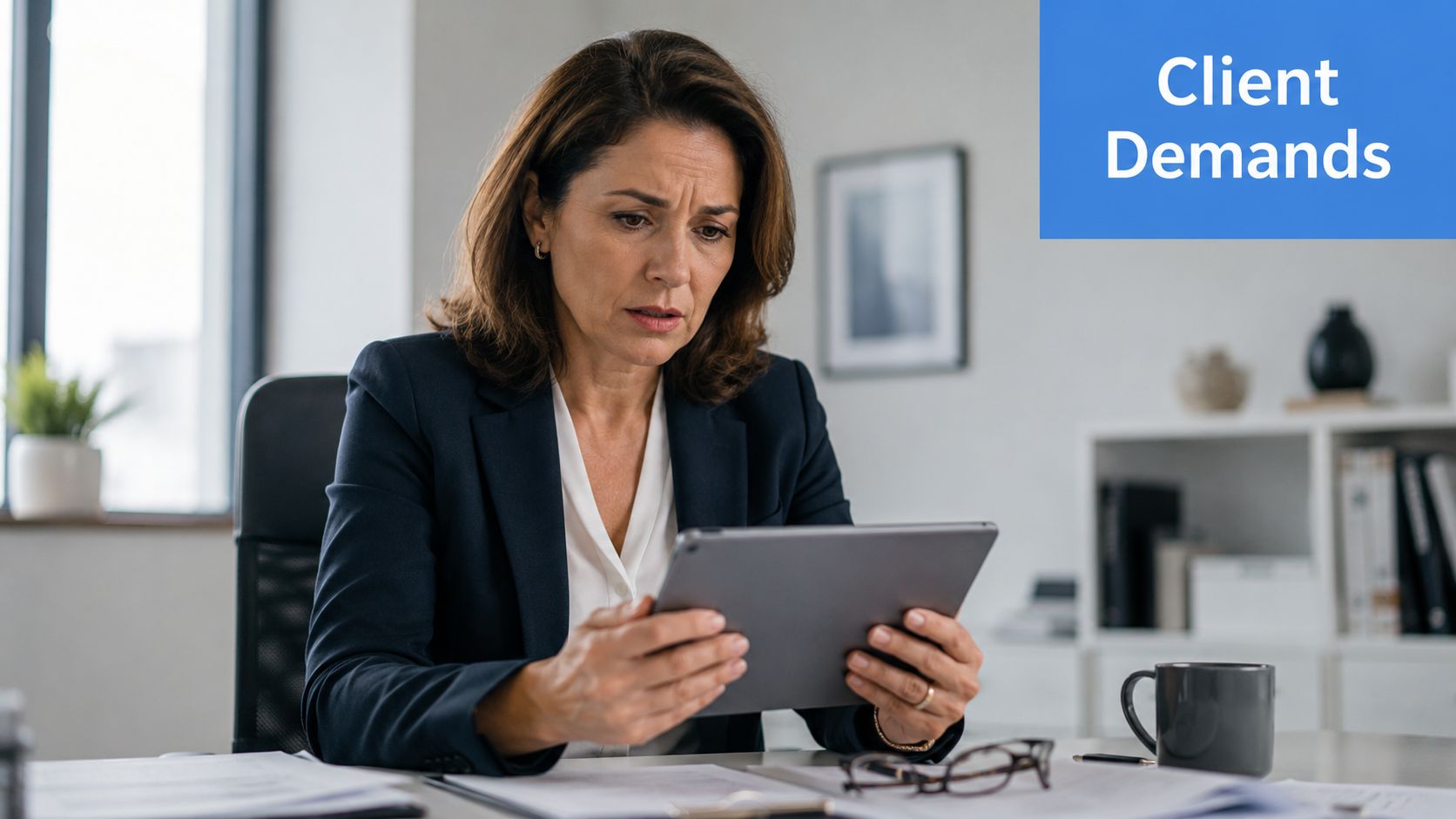 A concerned professional woman in a suit looks intently at her tablet screen in a modern office.