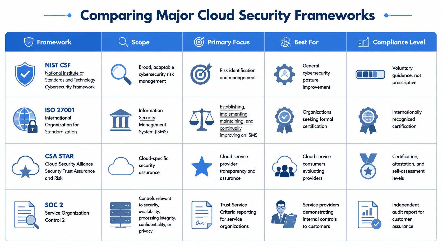 A comparison table outlining key differences between NIST CSF, ISO 27001, CSA STAR, and SOC 2 security frameworks.