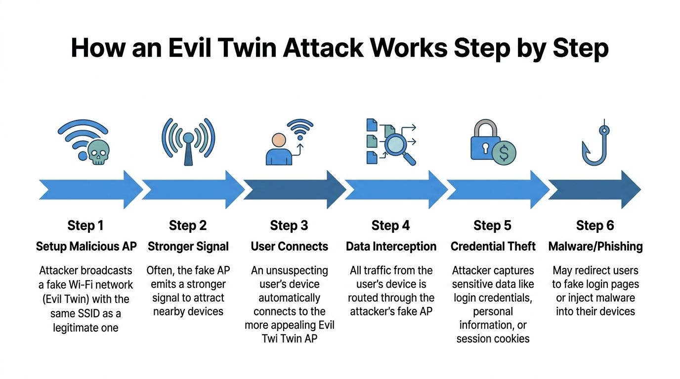 A six-step infographic illustrating how an evil twin attack works to compromise wireless network security.