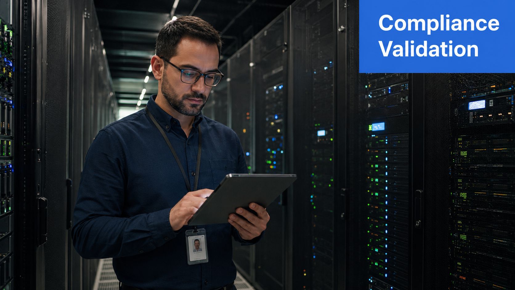 A professional IT engineer inspecting server hardware in a secure data center using a tablet device.