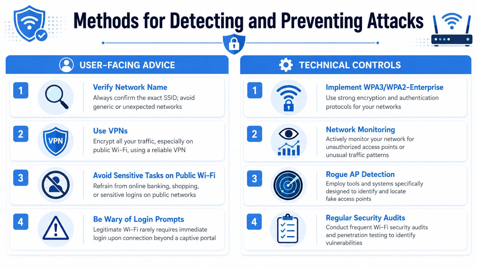 An infographic showing user-facing advice and technical controls to protect against Wi-Fi security attacks.