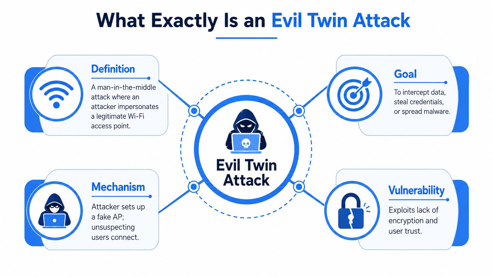 An infographic titled What Exactly Is an Evil Twin Attack describing its definition, mechanism, goals, and vulnerabilities.