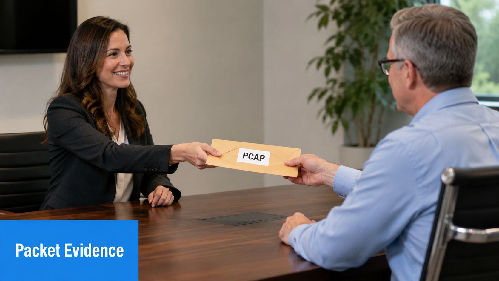 A professional woman in a suit handing a brown envelope labeled PCAP to a man in an office.