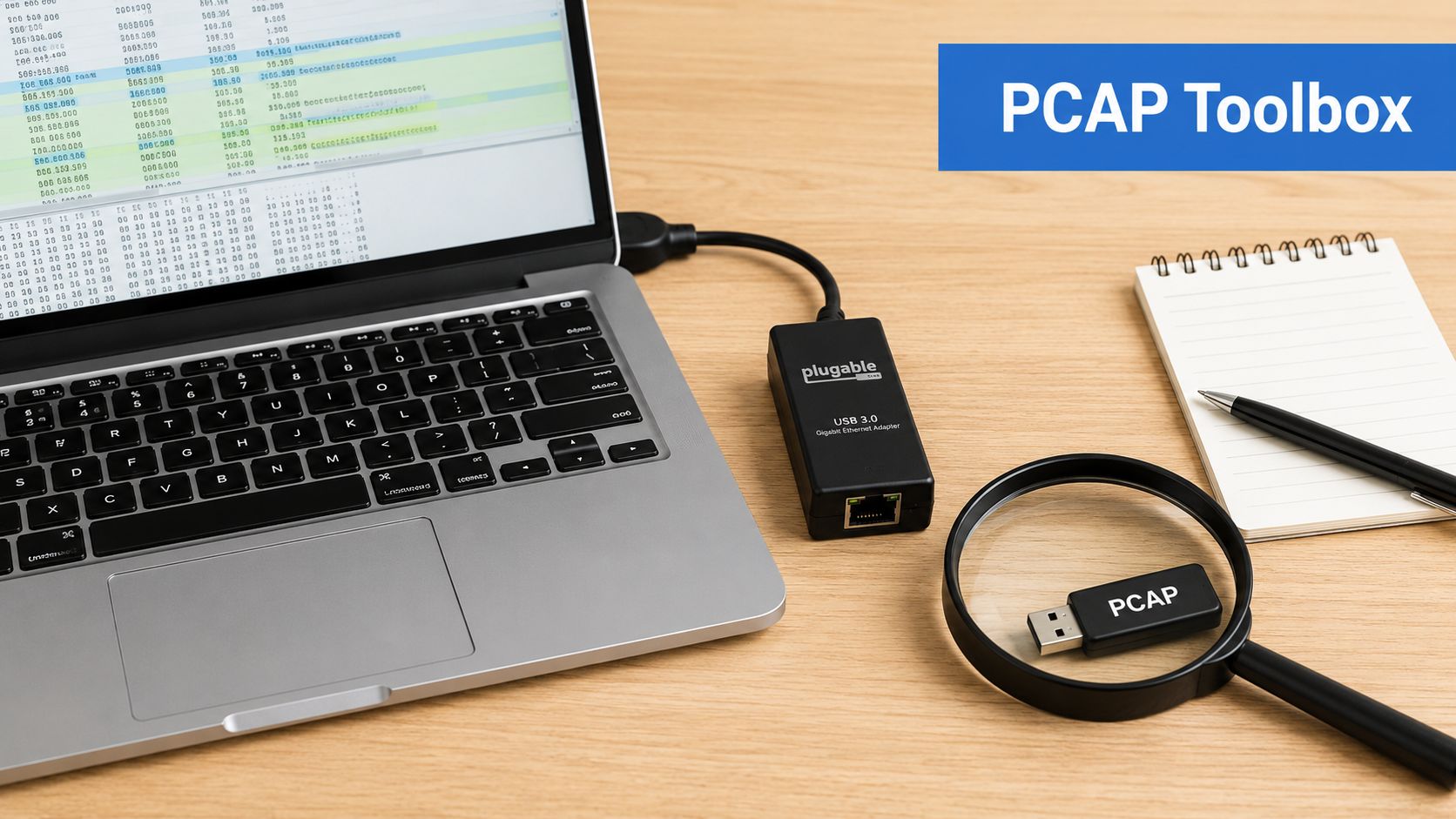 A laptop with network data, a USB Ethernet adapter, and a USB drive under a magnifying glass.