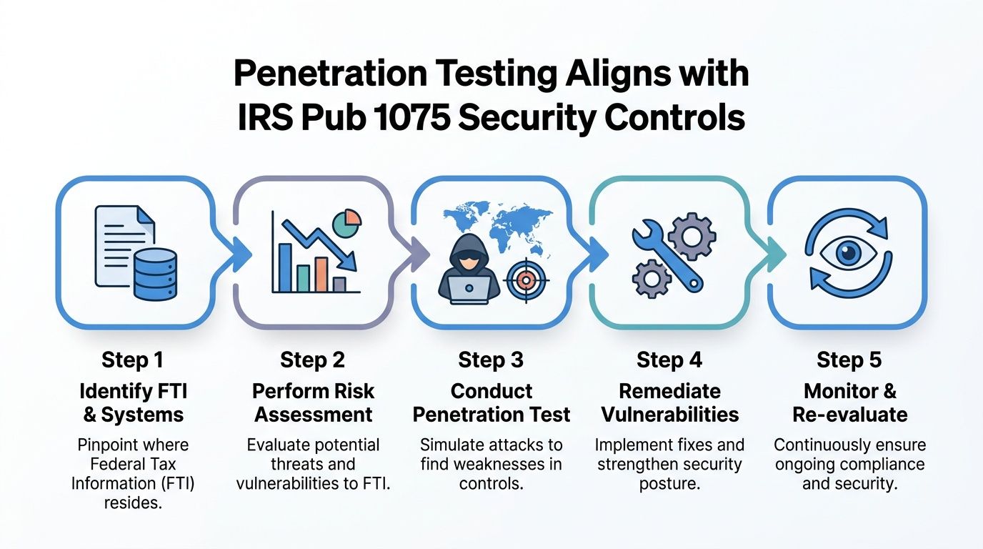 A flowchart showing five steps for aligning penetration testing with IRS Publication 1075 security controls.