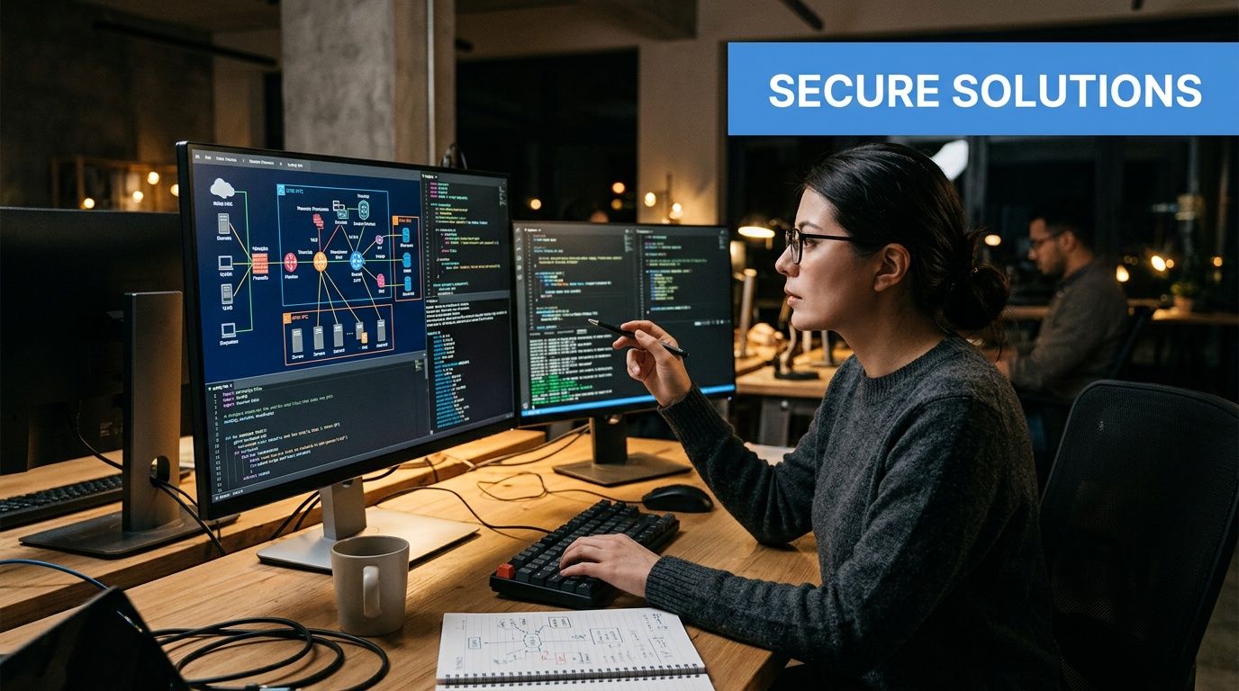 A female software engineer works late in an office while reviewing network diagrams on her monitors.