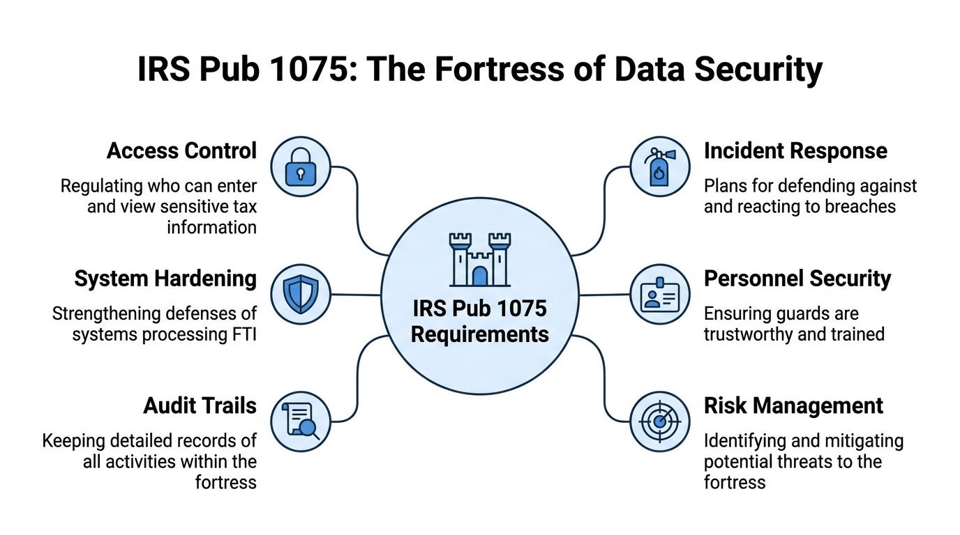 A diagram illustrating the six key data security requirements for IRS Publication 1075 compliance.