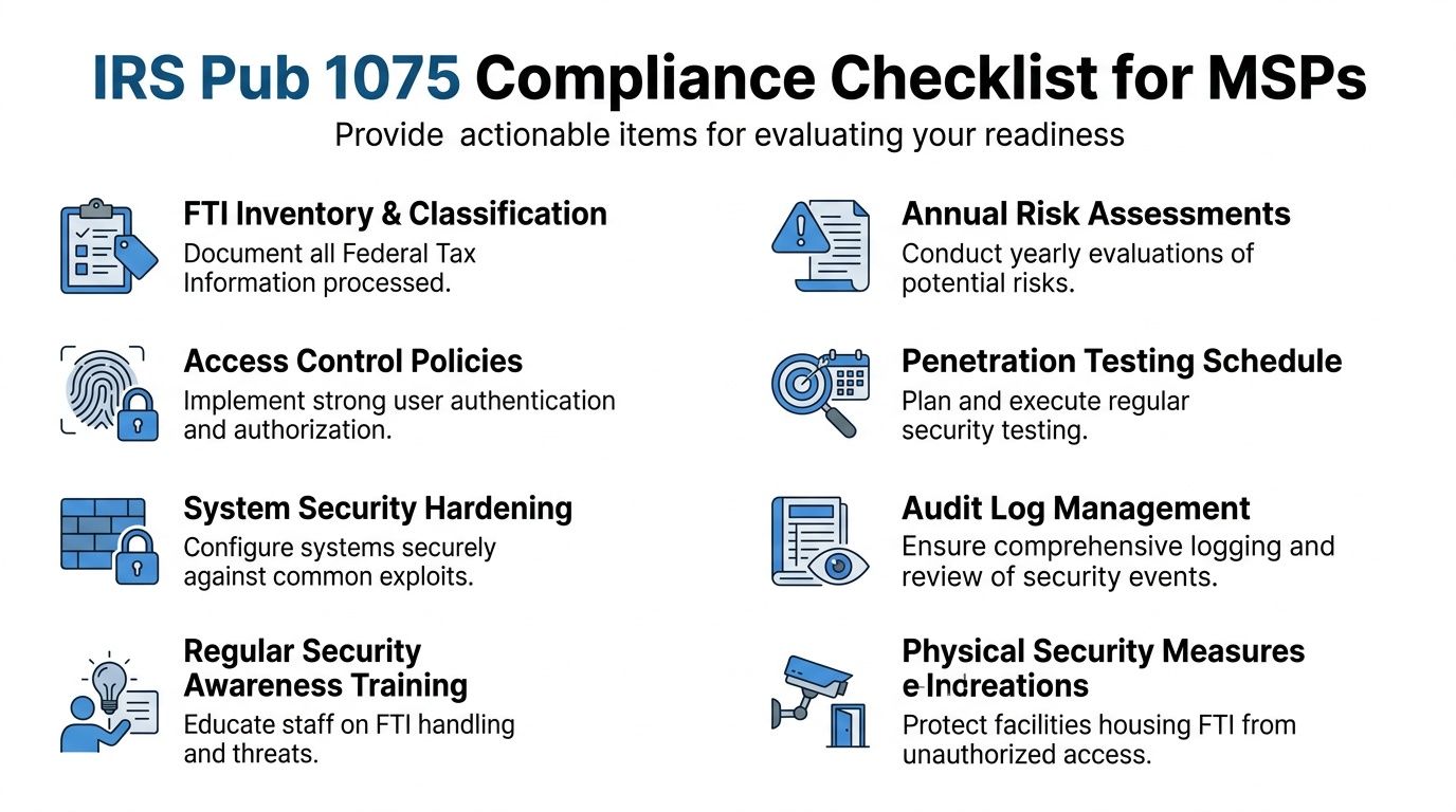 An infographic checklist for Managed Service Providers summarizing key requirements for IRS Publication 1075 compliance.