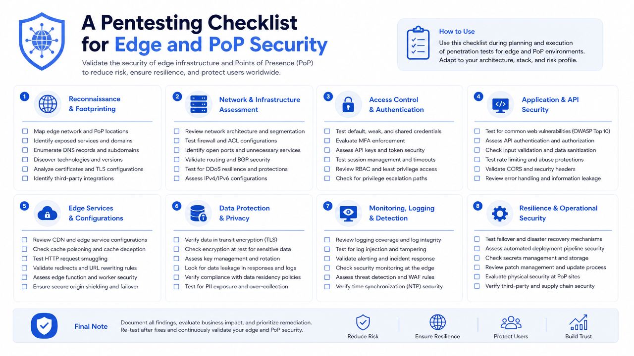 A comprehensive penetration testing checklist for securing edge infrastructure and points of presence (PoP) environments.
