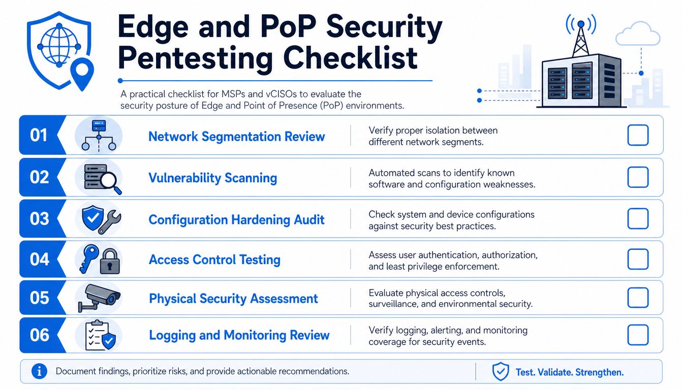A structured checklist for conducting security penetration testing on Edge and Point of Presence network environments.