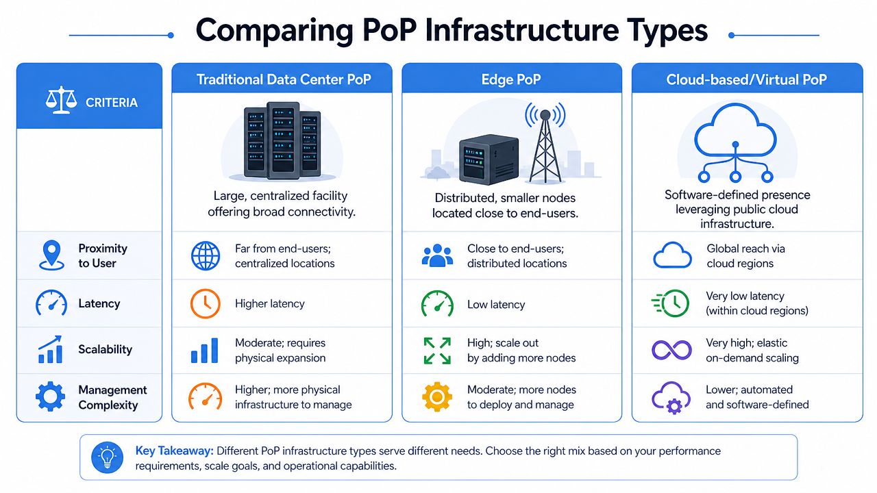 A comparison chart outlining the differences between traditional data center, edge, and cloud-based points of presence infrastructure.