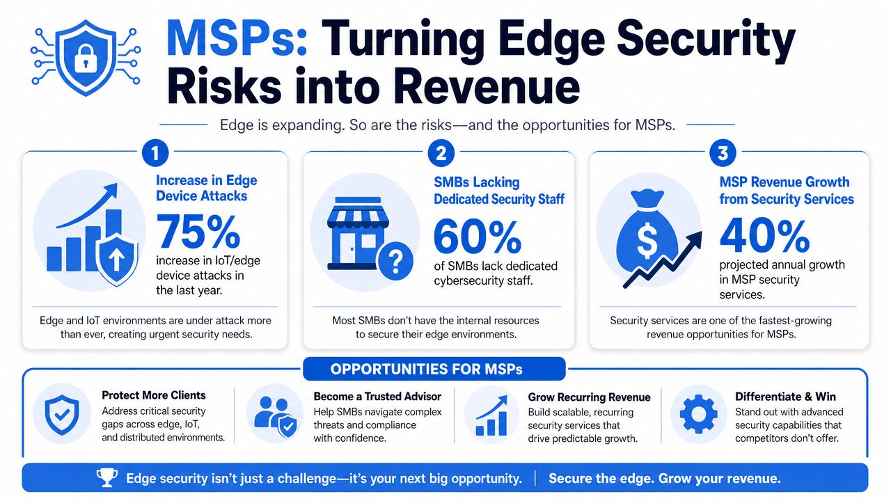 An infographic showing how managed service providers can turn edge security risks into revenue opportunities.