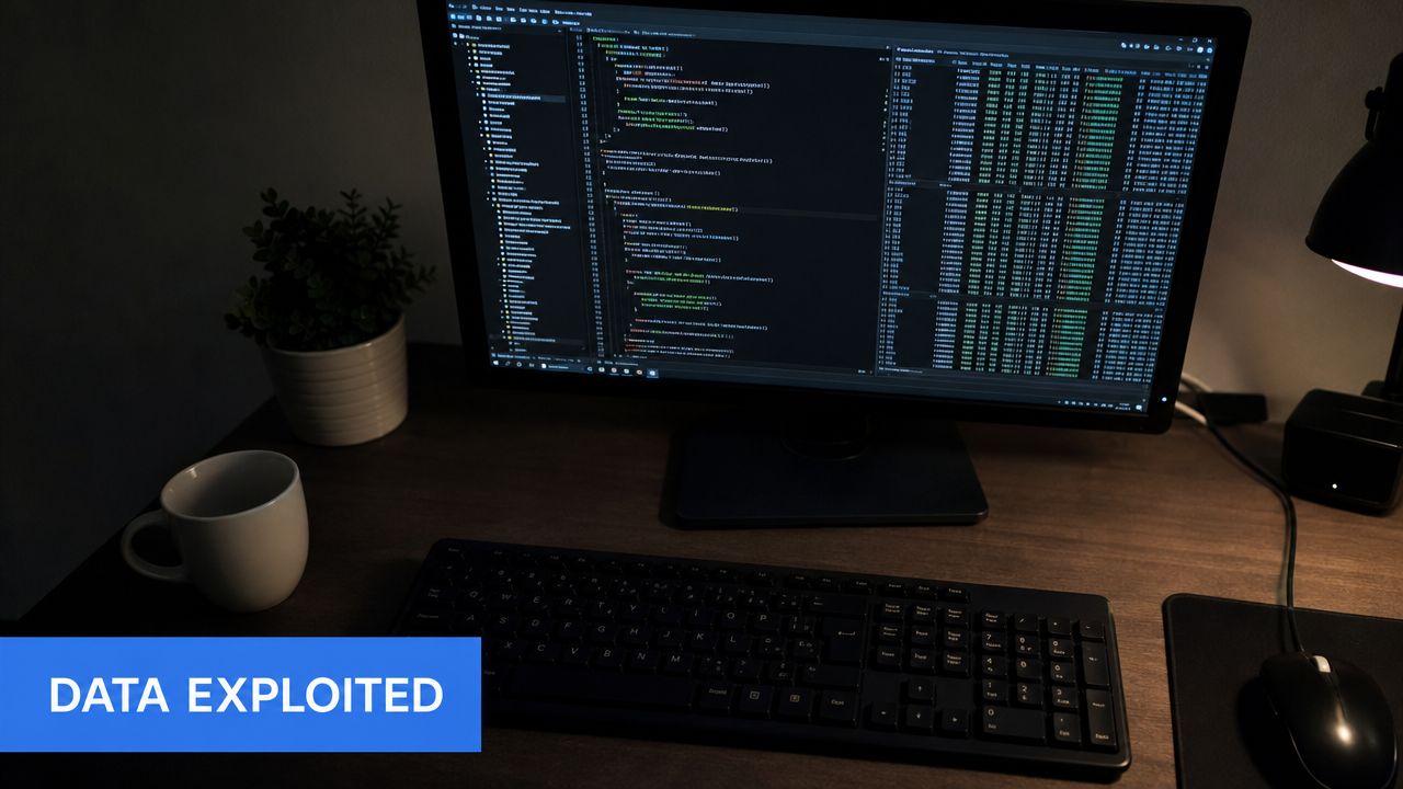 A desktop workspace featuring a computer monitor displaying lines of code next to a plant and mug.
