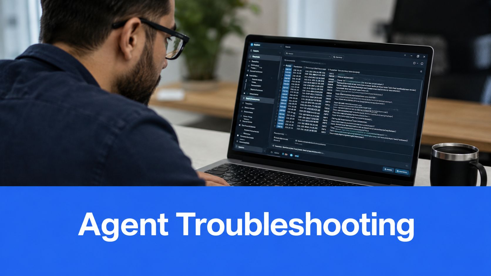 A professional analyzing system logs on a laptop screen for Ninja RMM agent troubleshooting tasks.