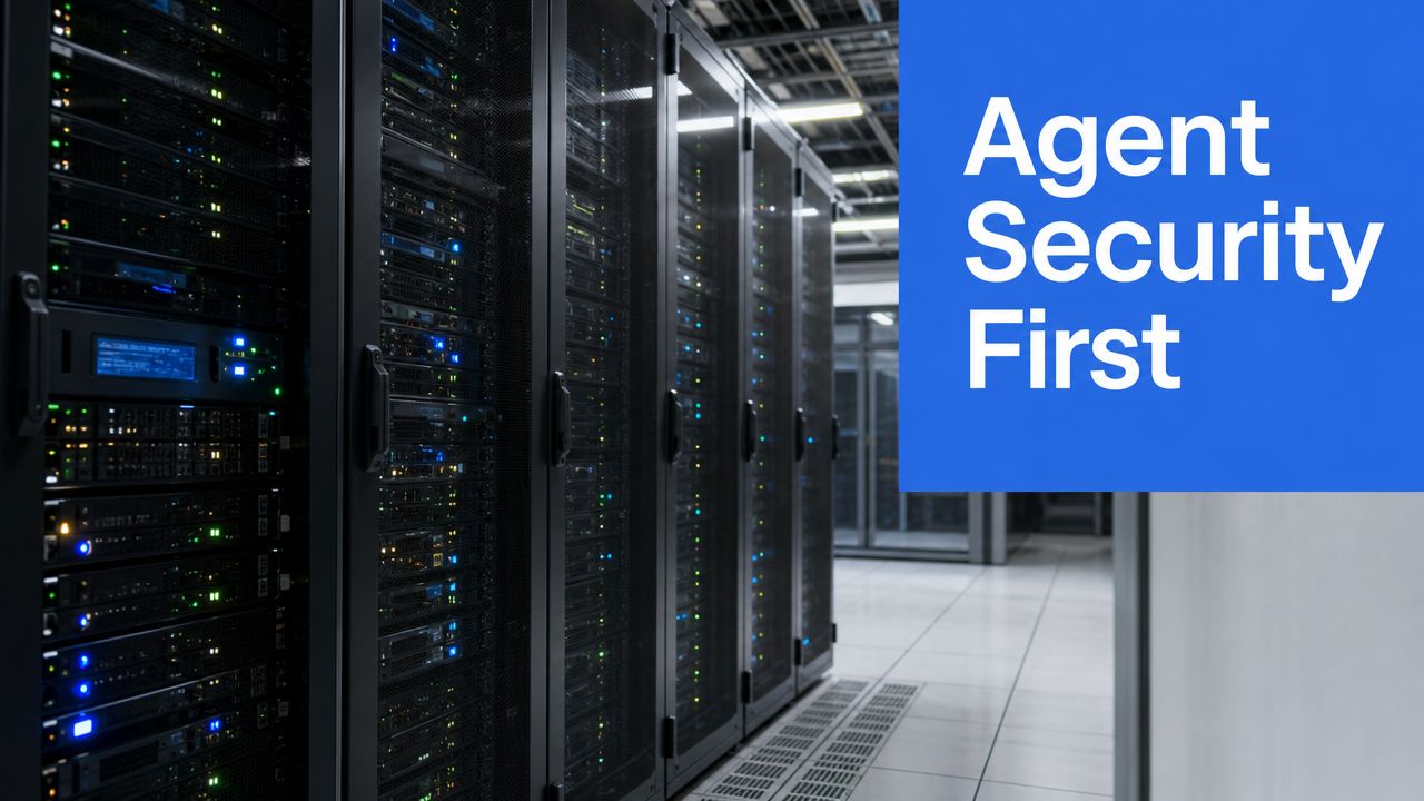 Rows of server racks in a data center with a blue overlay showing the text Agent Security First.