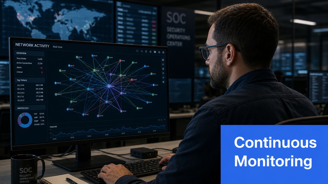 A security analyst monitoring network activity on a computer screen in a Security Operations Center.