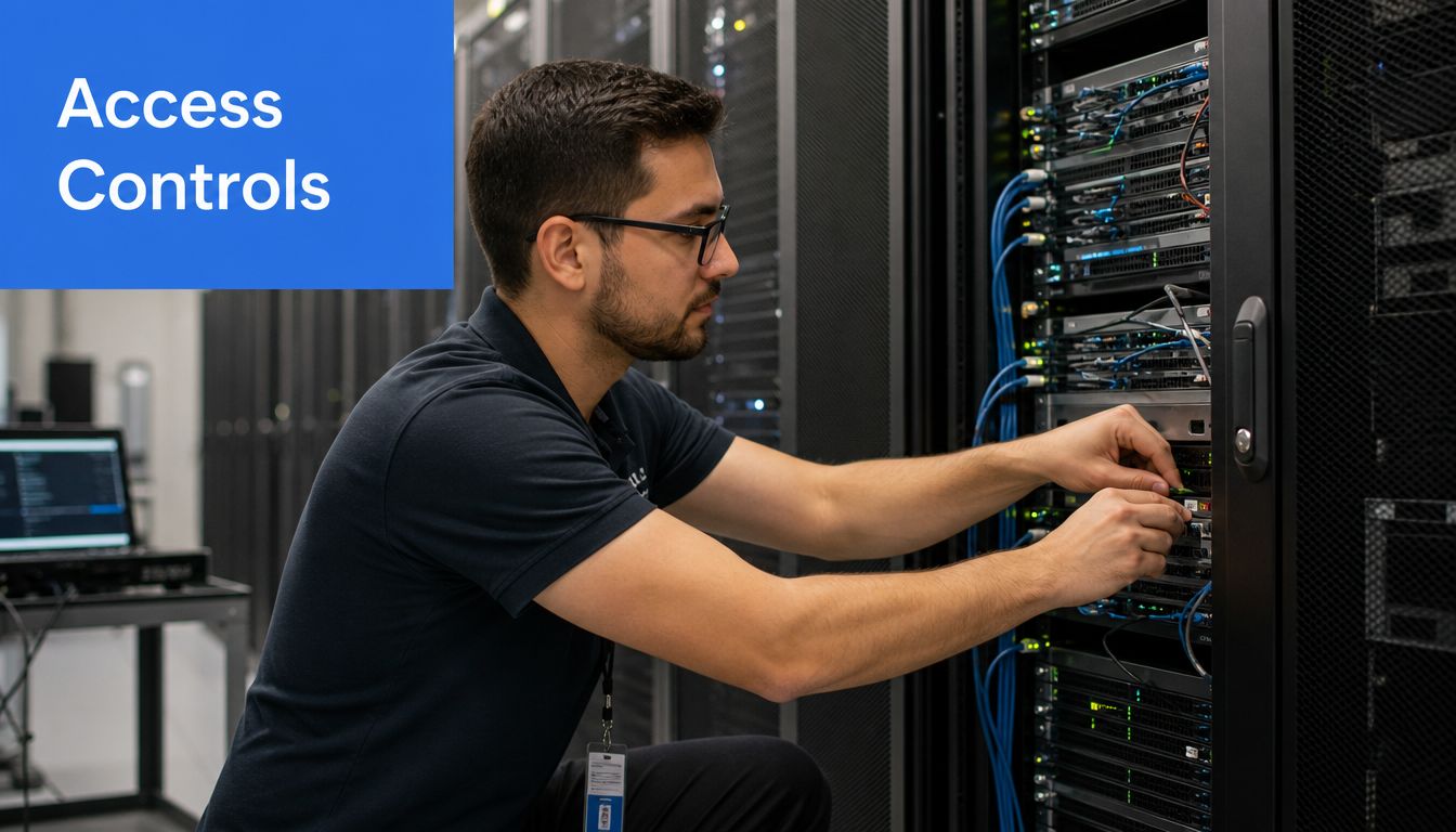 A male technician wearing glasses adjusting network cables in a server rack within a data center.