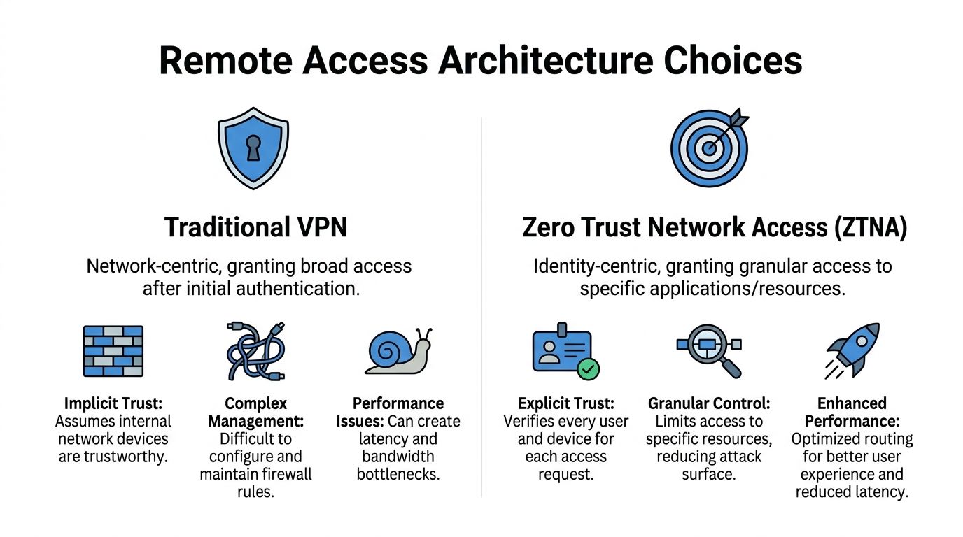 A comparison infographic between traditional VPN and Zero Trust Network Access architecture for remote access security.