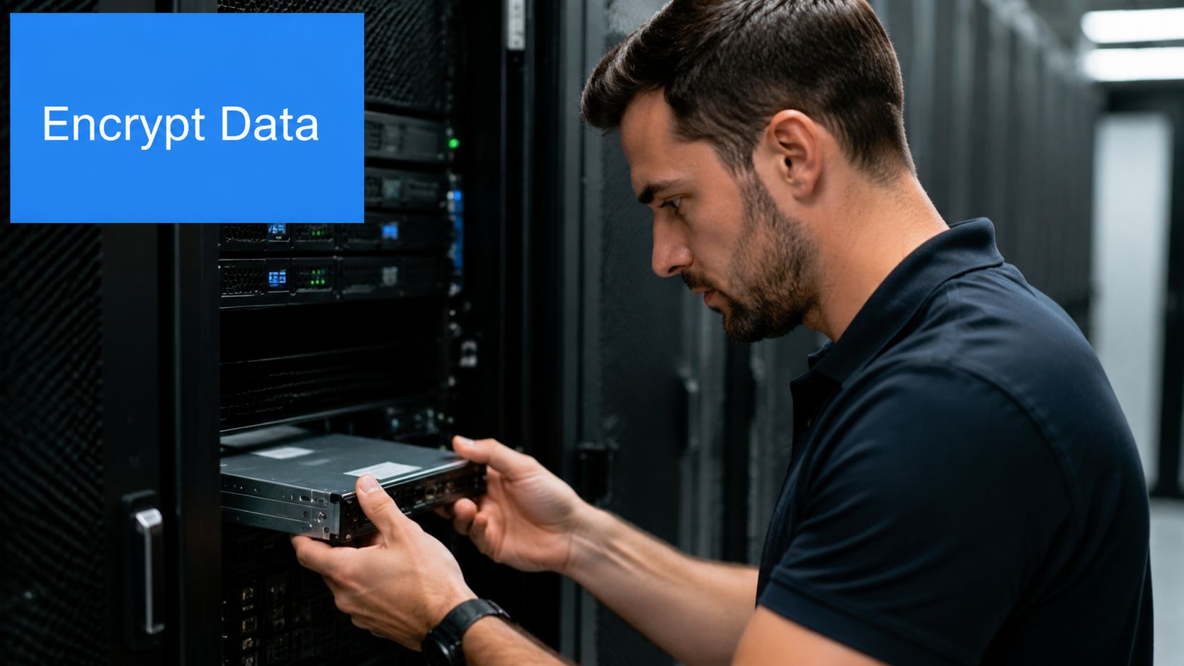 A technician installing a server rack component in a data center to ensure secure data encryption.